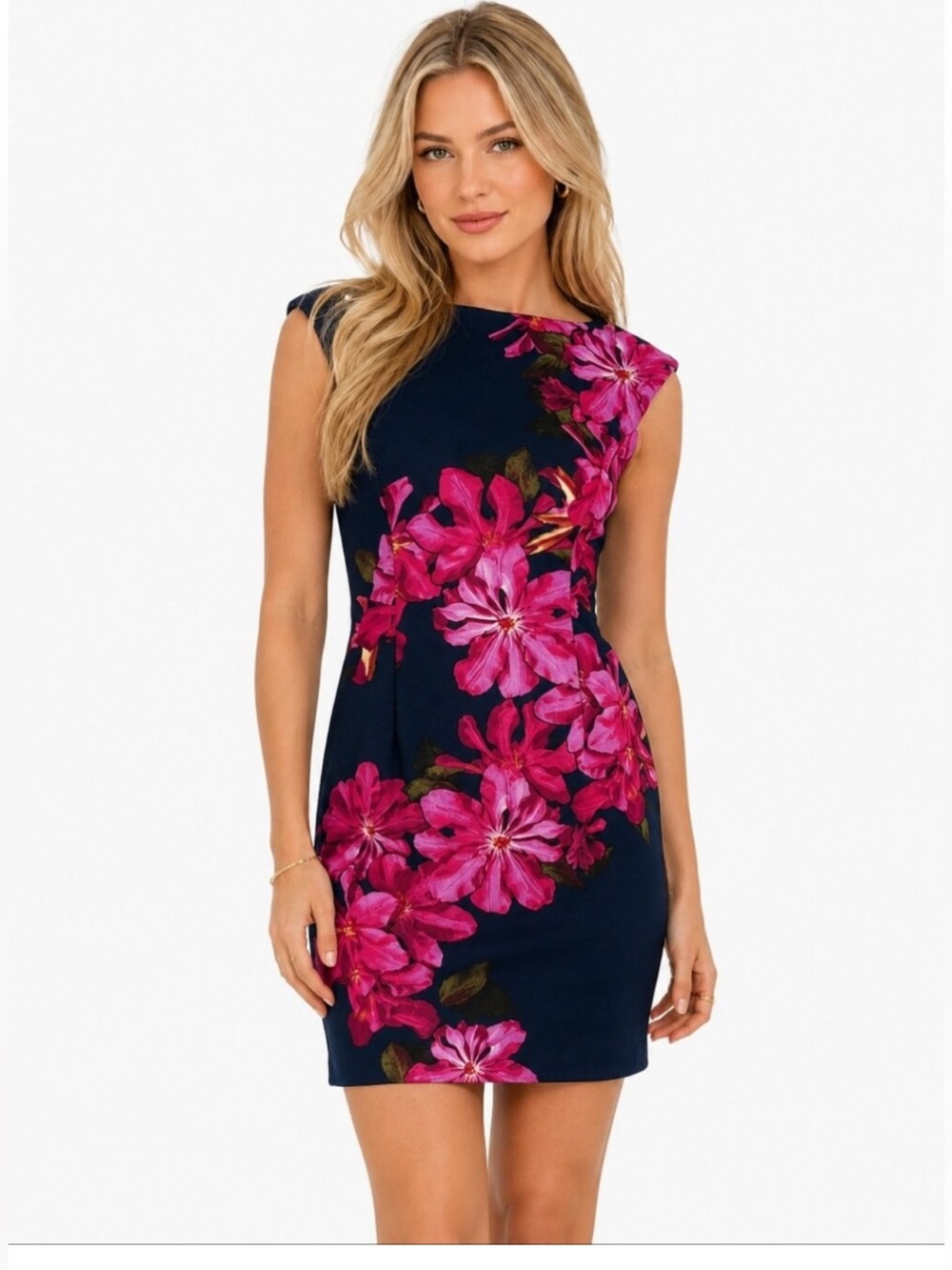 Stunning Wisp Sleeveless Navy Dress with Pink Floral Print NWT